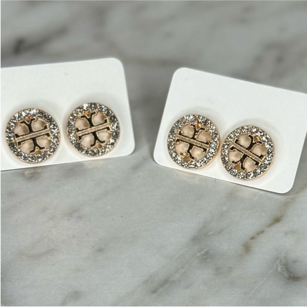 Tory Burch Gold and Silver Crystal Stud Earrings - Picture 2 of 4